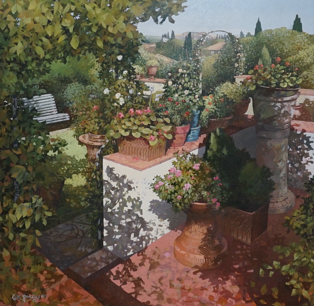 Keith Dunkley (b.1942), oil on board, Flower pots on a garden terrace, signed and numbered 1185, 60 x 60cm
